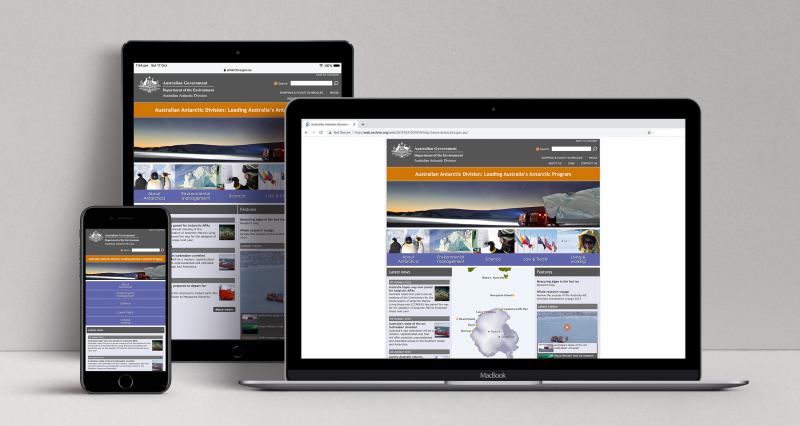 Australian Antarctic Program responsive website (2015 version) displayed on three devices: a laptop, a tablet and a mobile phone.