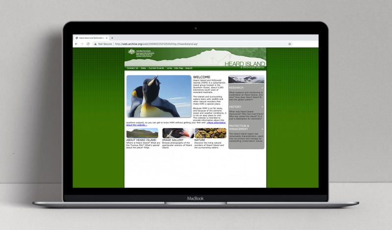 Heard Island website (original version) displayed on a laptop.