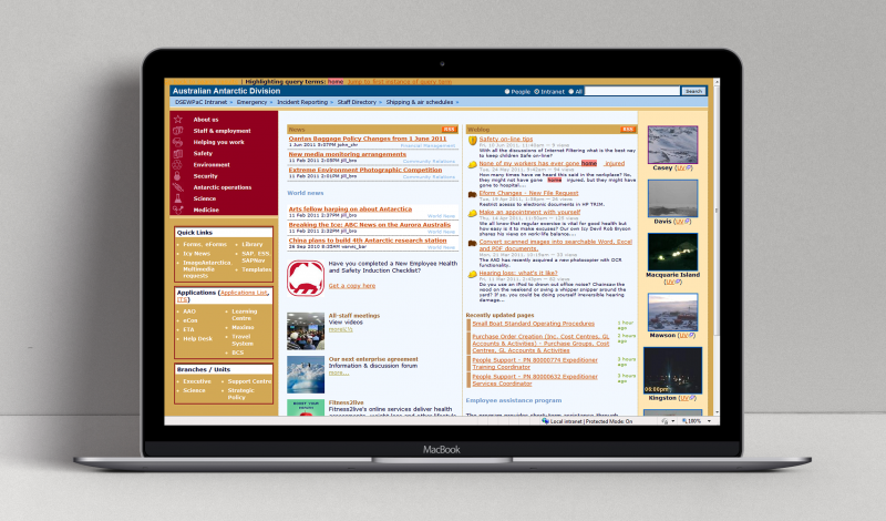 Australian Antarctic Division Intranet (original version) displayed on a laptop.