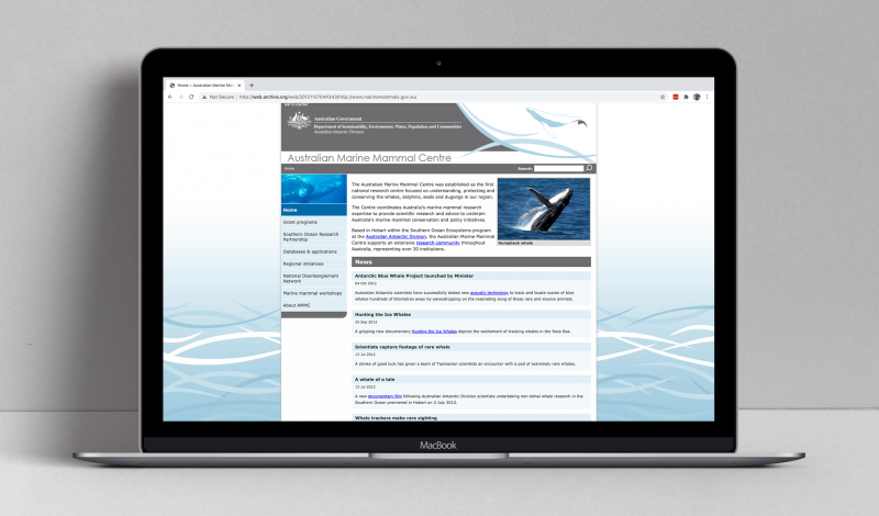 Australian Marine Mammal Centre website (2012 version of the home page) displayed on a laptop.