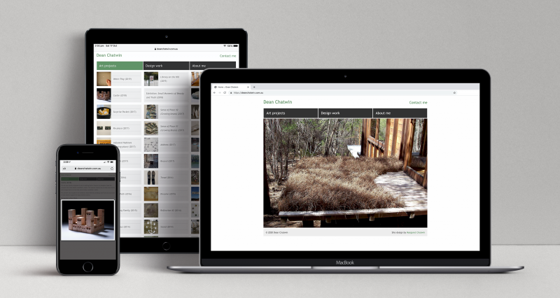 Dean Chatwin, artist portfolio semi-responsive website displayed on three devices: a laptop, a tablet and a mobile phone.