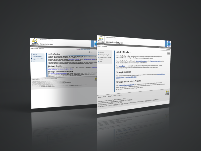 Example 1: The home pages of the original and updated Corrective Services website