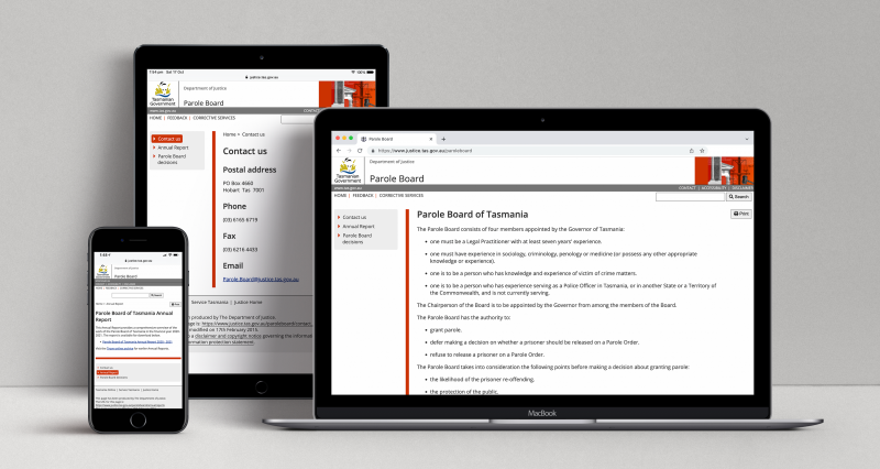 Parole Board website displayed on three devices: a laptop, a tablet and a mobile phone.