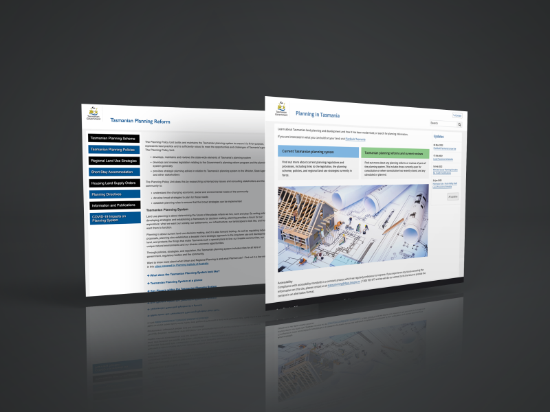 The home pages of the original Tasmanian Planning Reform website and the updated Planning in Tasmania website